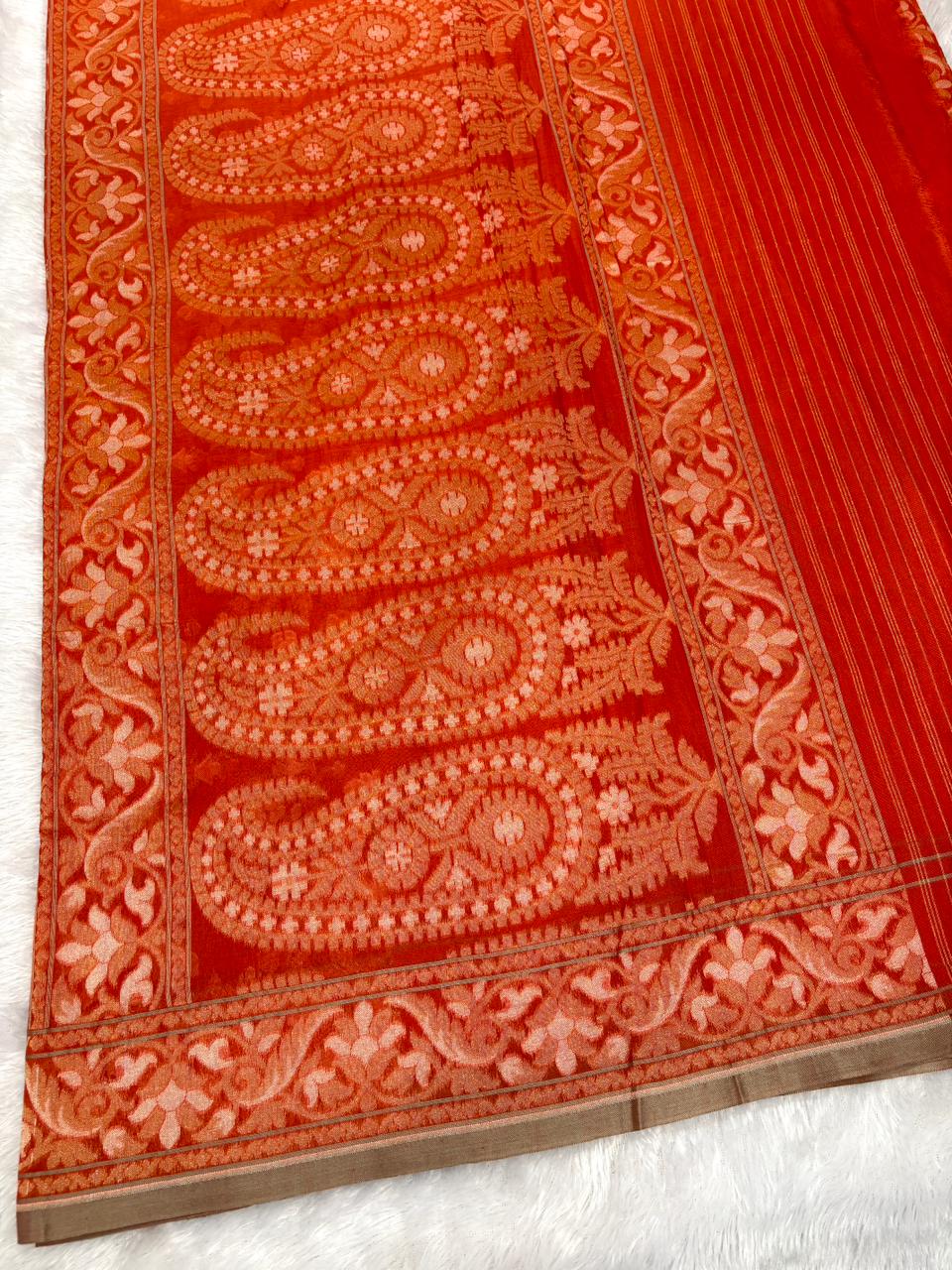 The Saffron Flame | Handloom Pure Katan Silk Banarasi Jamdani Saree