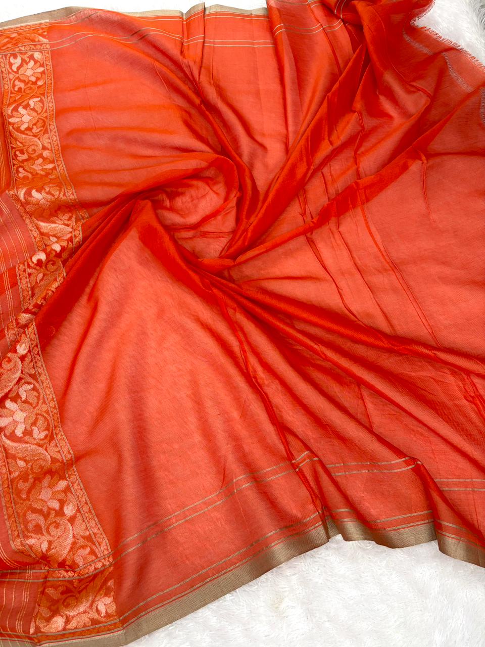 The Saffron Flame | Handloom Pure Katan Silk Banarasi Jamdani Saree