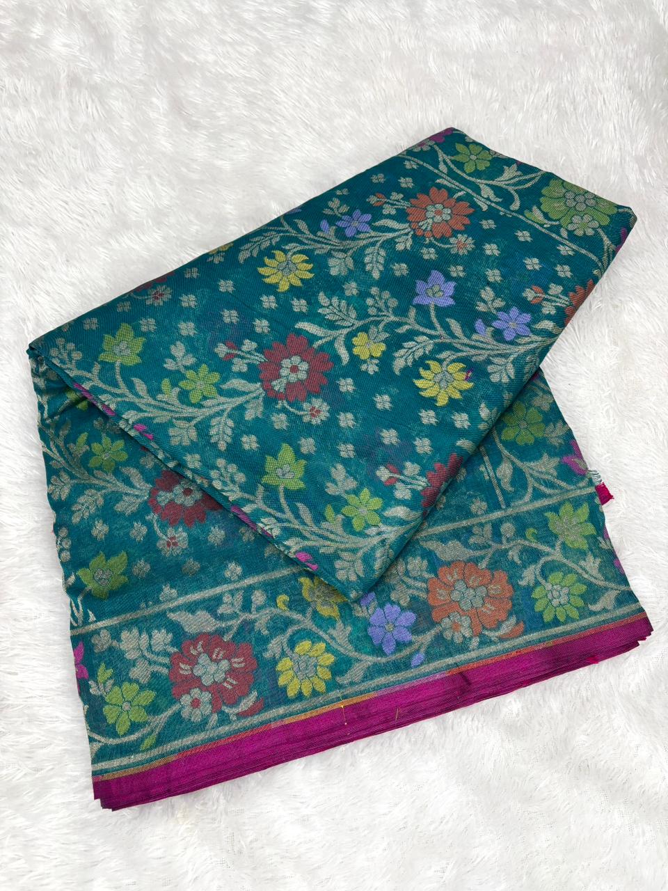 The Peacock Forest | Pure Katan Silk Banarasi Jamdani in Deep Teal