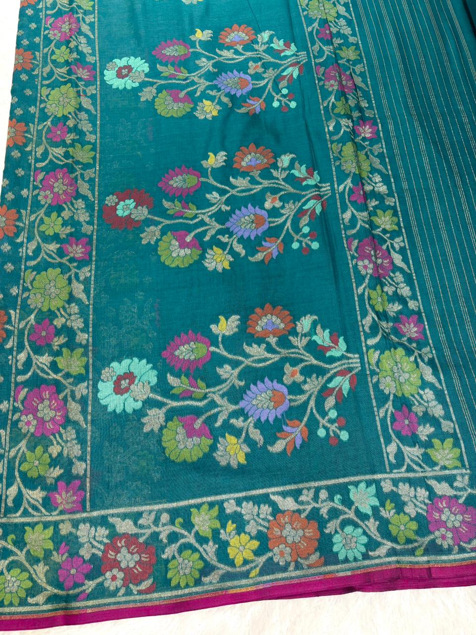 The Peacock Forest | Pure Katan Silk Banarasi Jamdani in Deep Teal