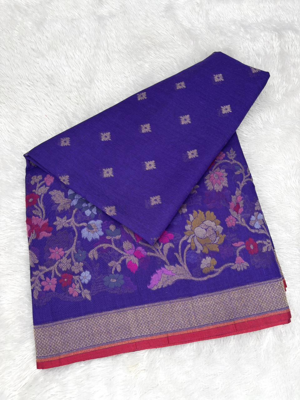 The Indigo Bloom | Pure Katan Silk Banarasi Jamdani with Floral Borders