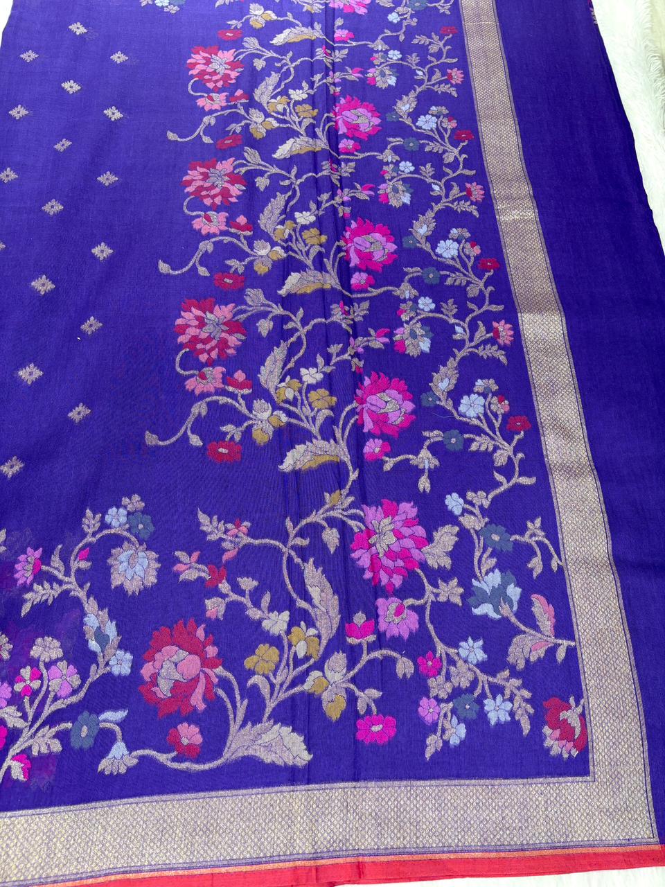 The Indigo Bloom | Pure Katan Silk Banarasi Jamdani with Floral Borders