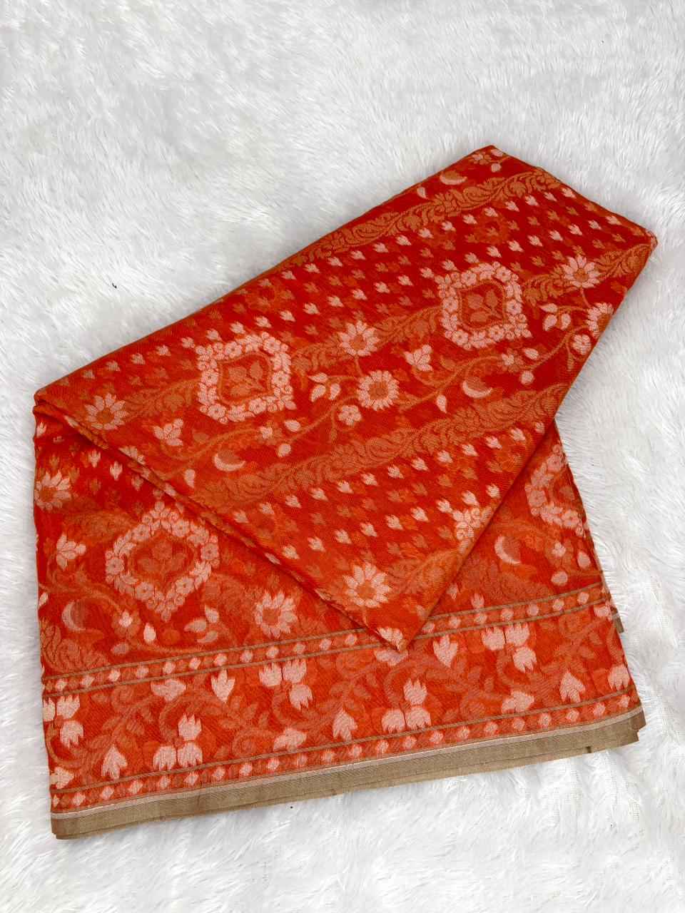 The Vermillion Flame | Handloom Pure Katan Silk Banarasi Jamdani Saree