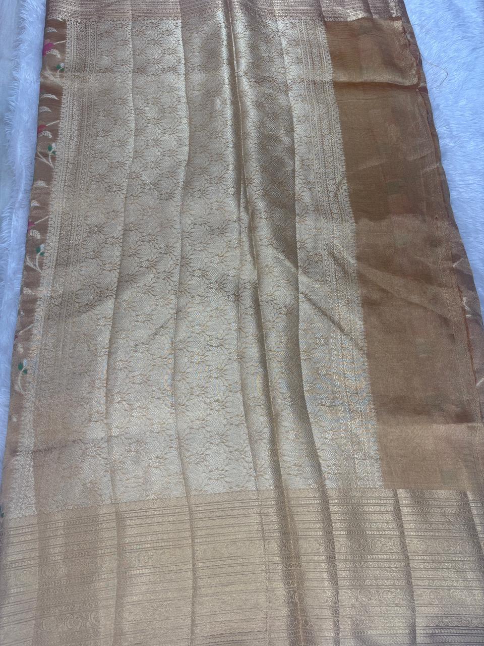 Antique Gold Pure Tissue Silk Handloom Saree with Meenakari Floral Jaal