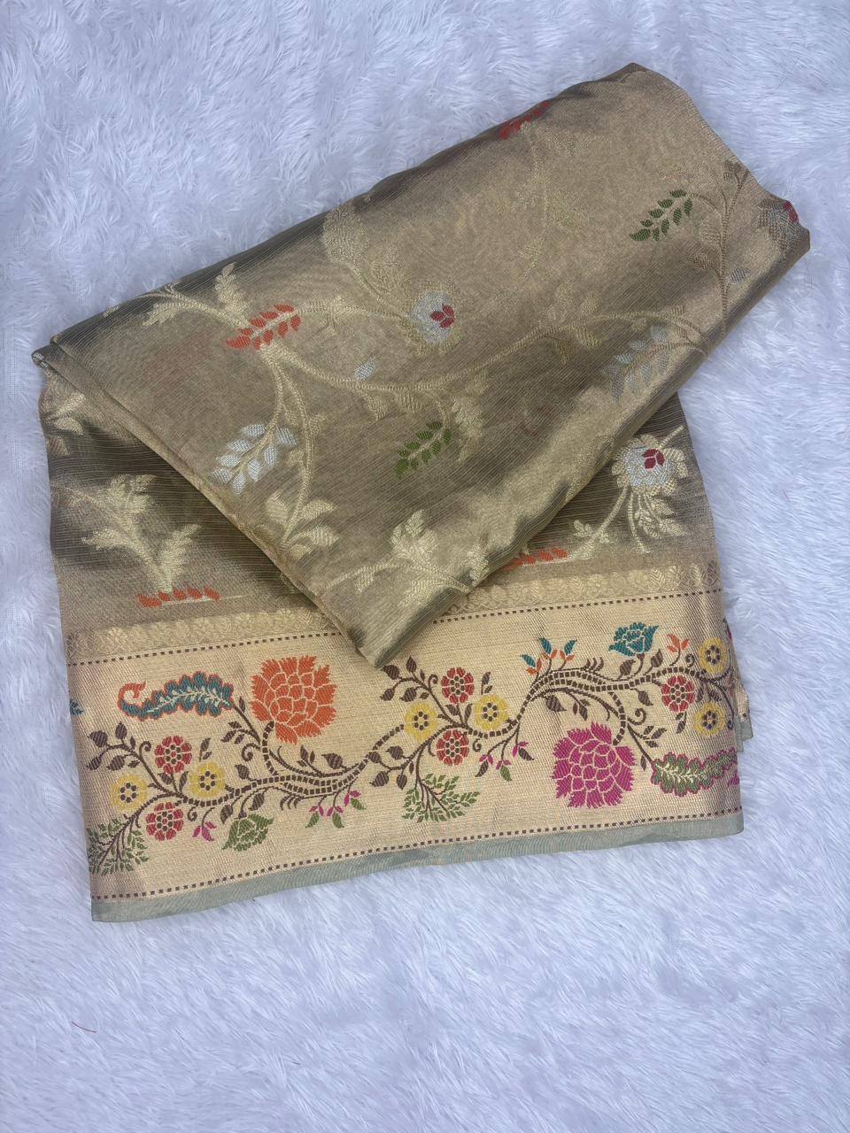 Silver Grey Pure Tissue Silk Saree with Multi-Color Meenakari Border