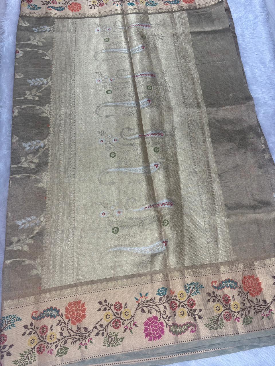 Silver Grey Pure Tissue Silk Saree with Multi-Color Meenakari Border