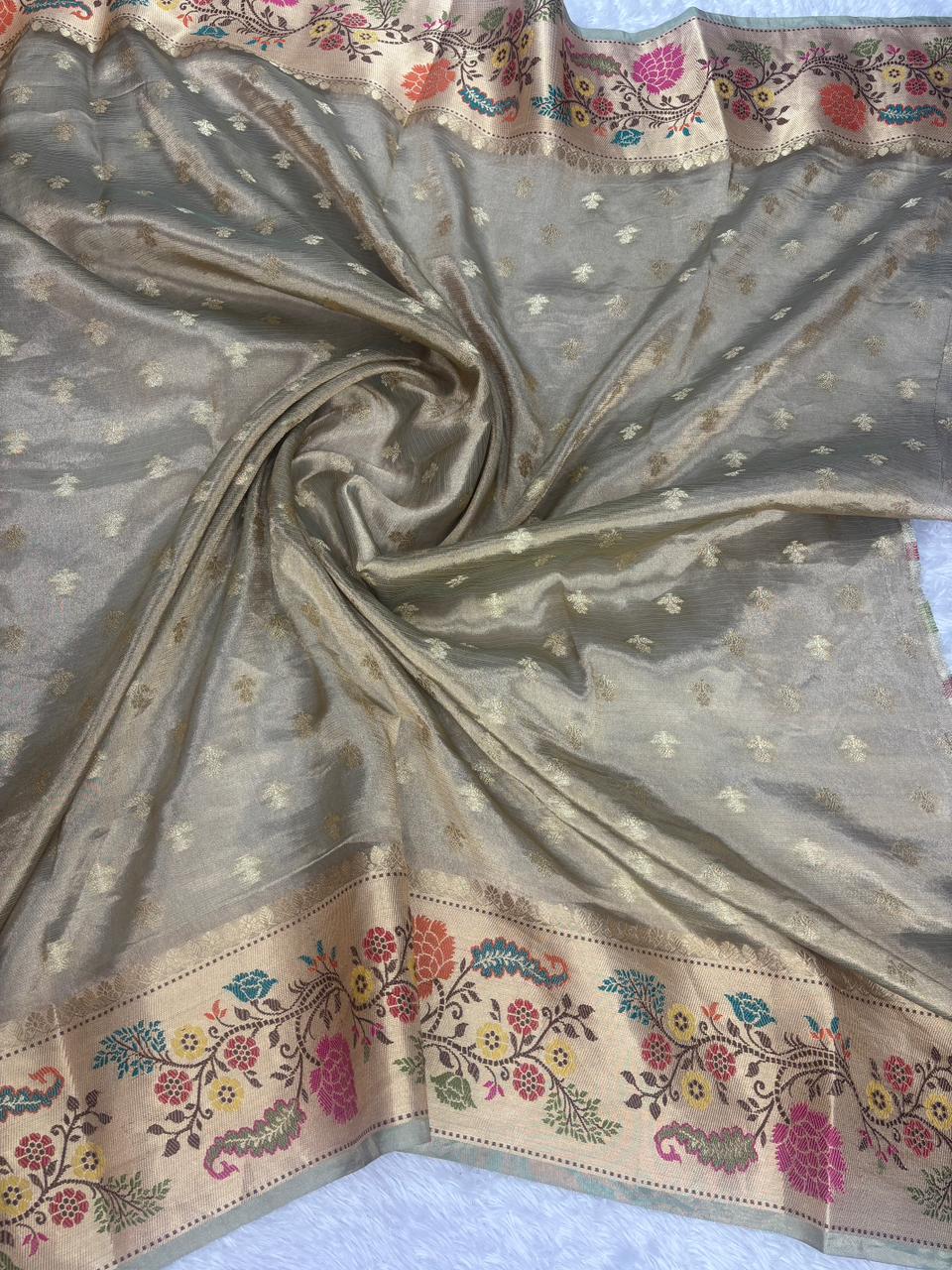 Silver Grey Pure Tissue Silk Saree with Multi-Color Meenakari Border