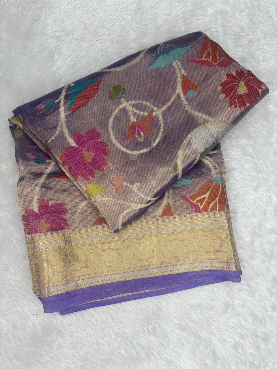 Antique Gold Pure Tissue Silk Saree with Meenakari Floral Jaal