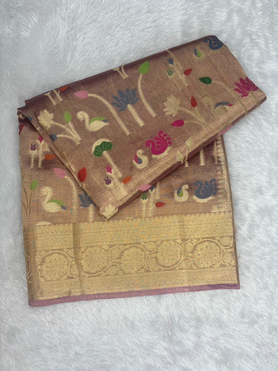 Dusty Mauve Pure Tissue Silk Saree with Meenakari Lotus