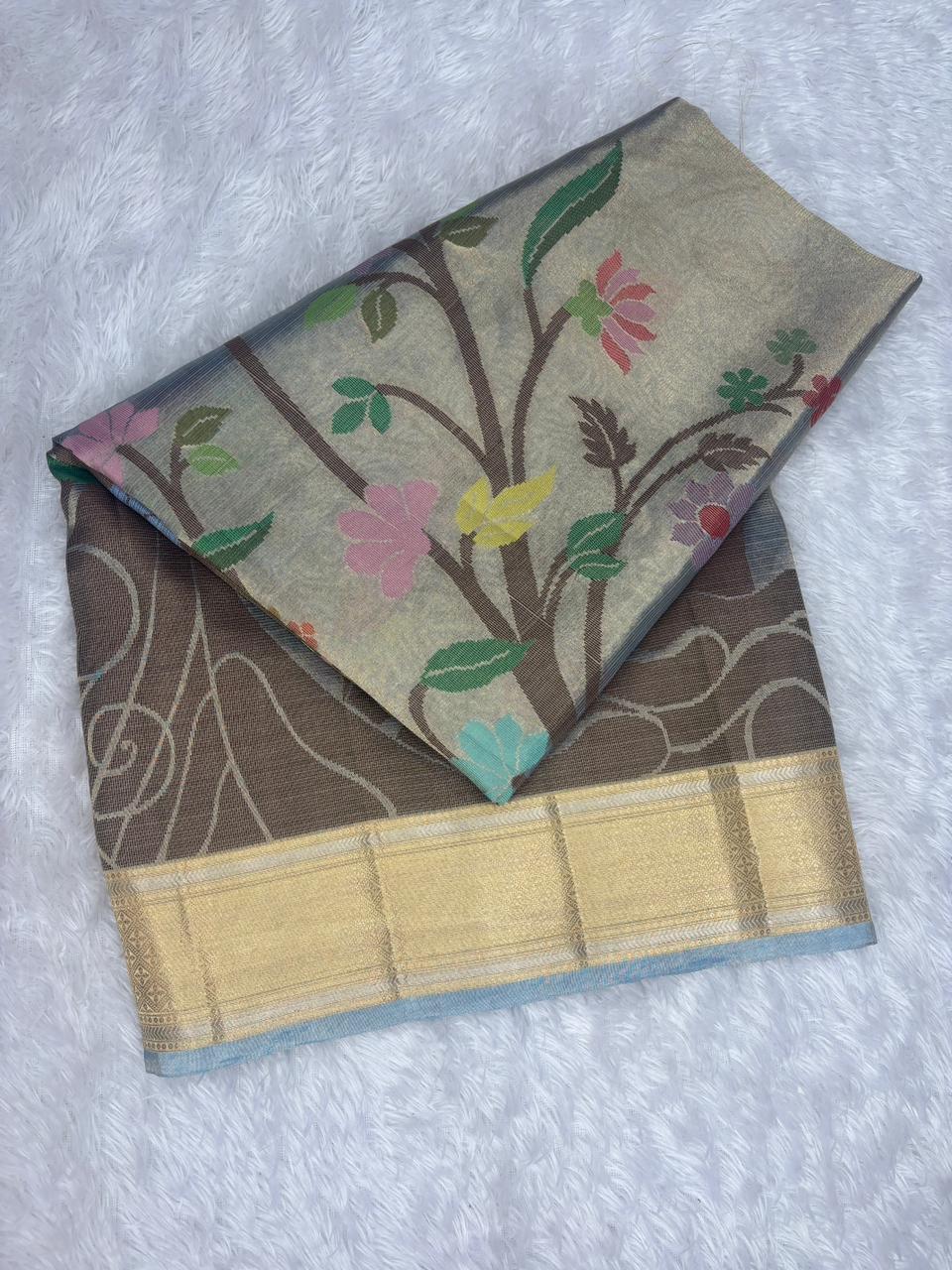 Silver Grey Pure Tissue Silk Saree with Meenakari Tree of Life Motifs
