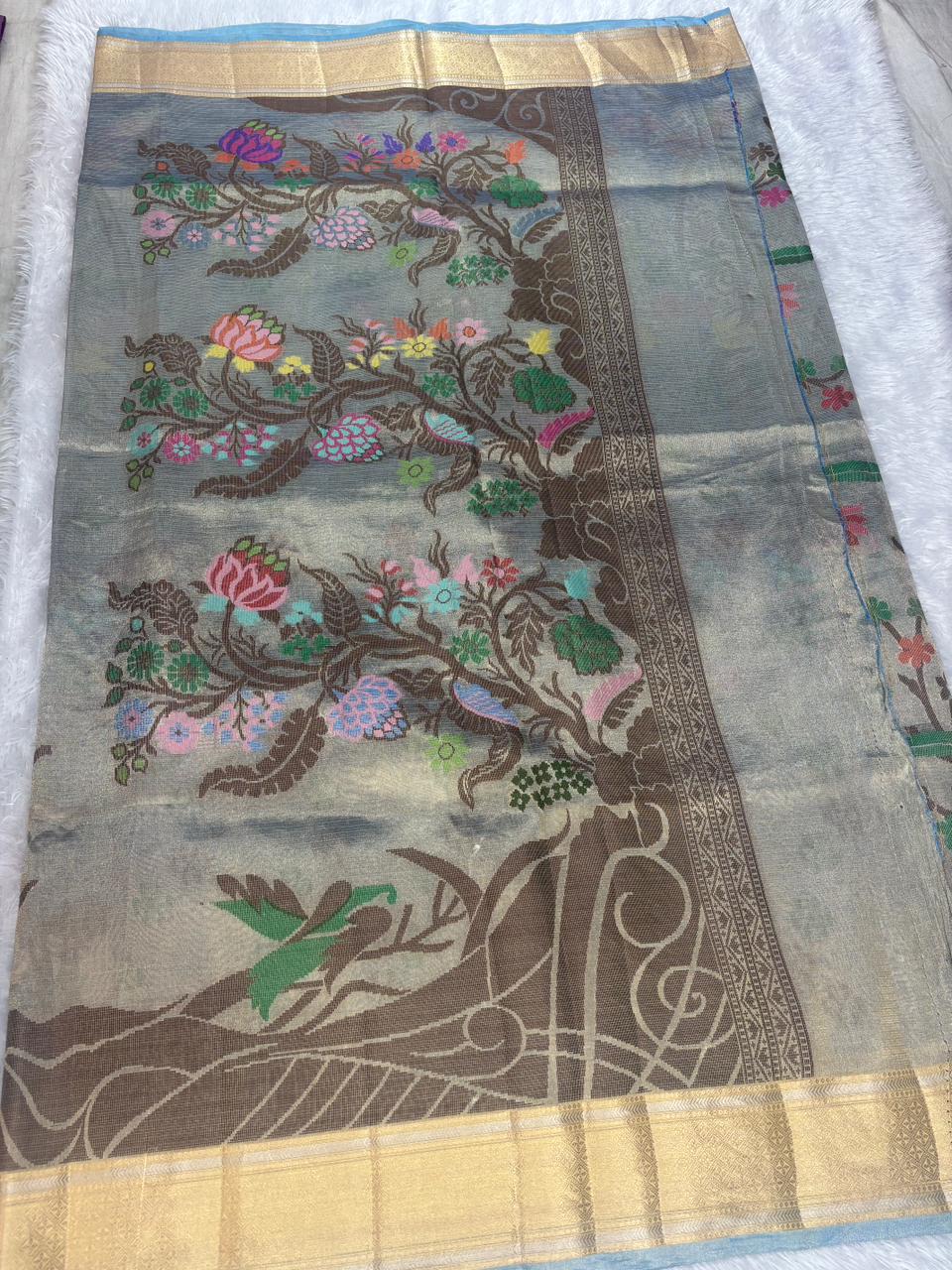 Silver Grey Pure Tissue Silk Saree with Meenakari Tree of Life Motifs