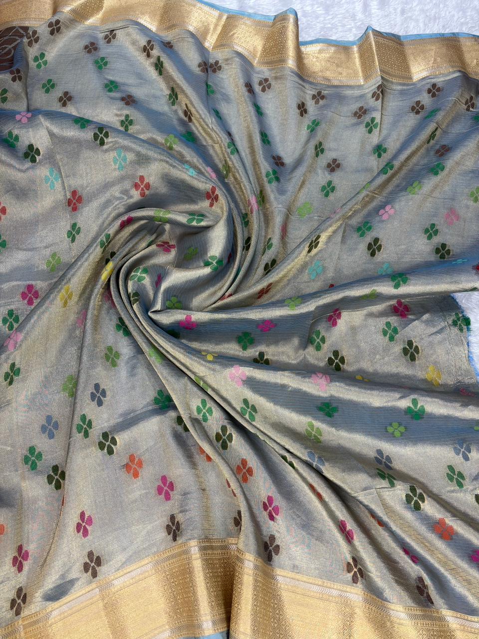 Silver Grey Pure Tissue Silk Saree with Meenakari Tree of Life Motifs