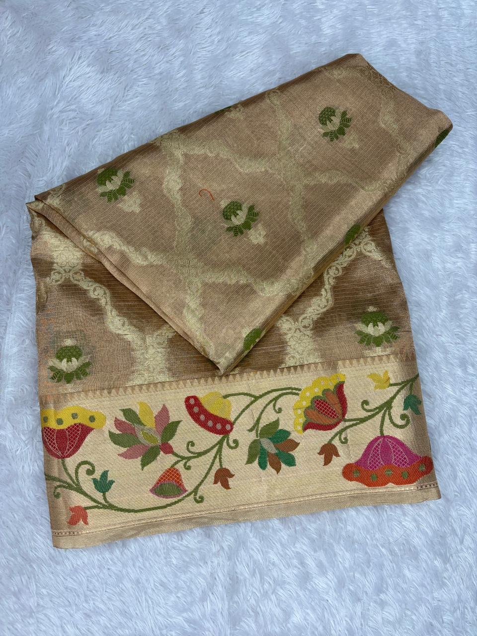 Golden Beige Pure Tissue Silk Saree with Paithani-Style Meenakari Border