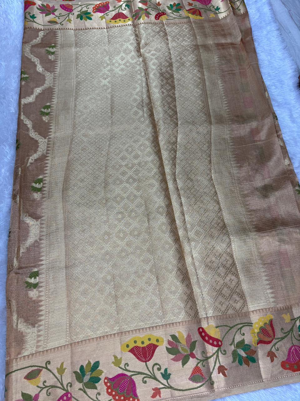 Golden Beige Pure Tissue Silk Saree with Paithani-Style Meenakari Border
