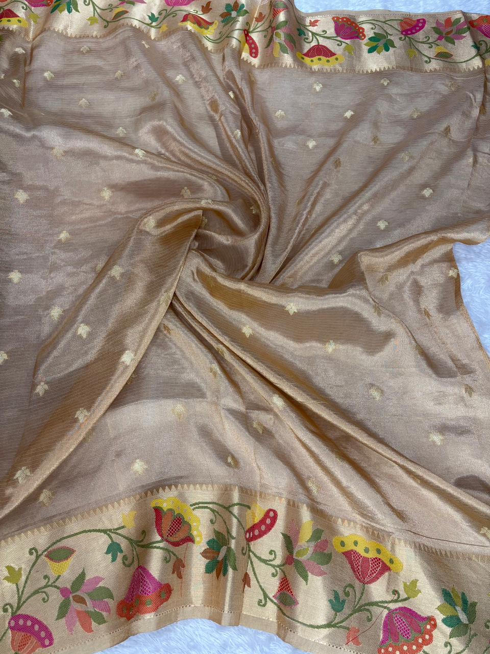 Golden Beige Pure Tissue Silk Saree with Paithani-Style Meenakari Border