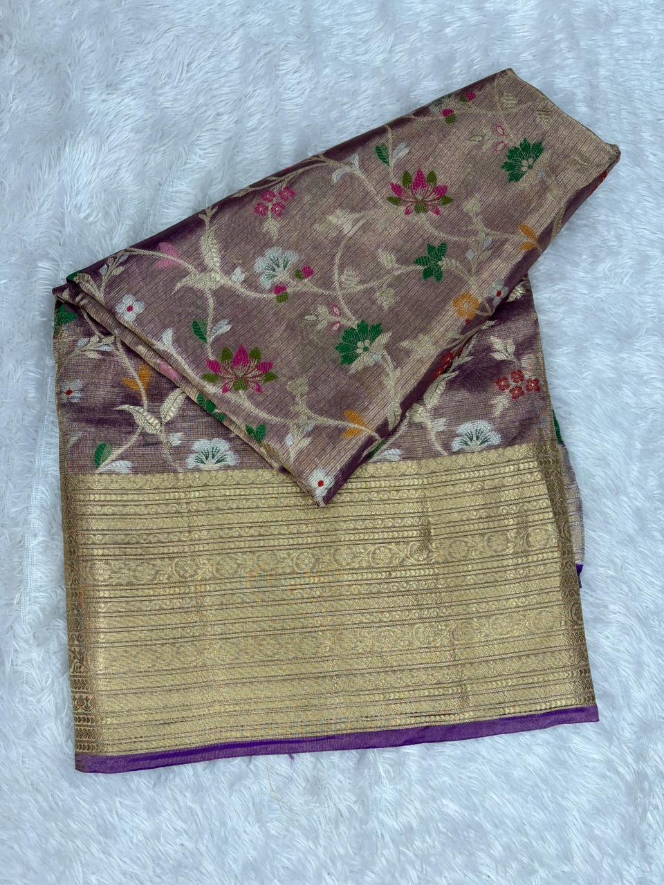 Deep Aubergine Purple Pure Tissue Silk Saree with Meenakari Floral Jangla