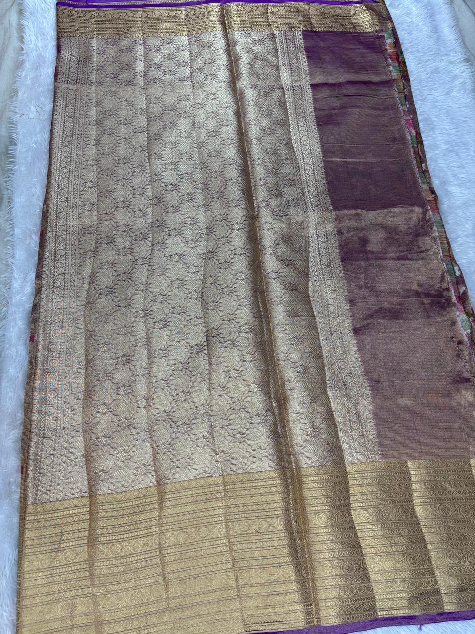 Deep Aubergine Purple Pure Tissue Silk Saree with Meenakari Floral Jangla