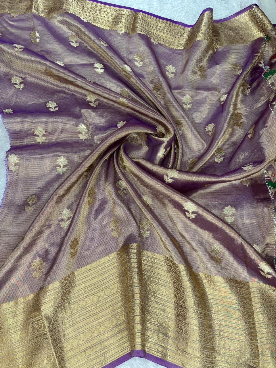 Deep Aubergine Purple Pure Tissue Silk Saree with Meenakari Floral Jangla