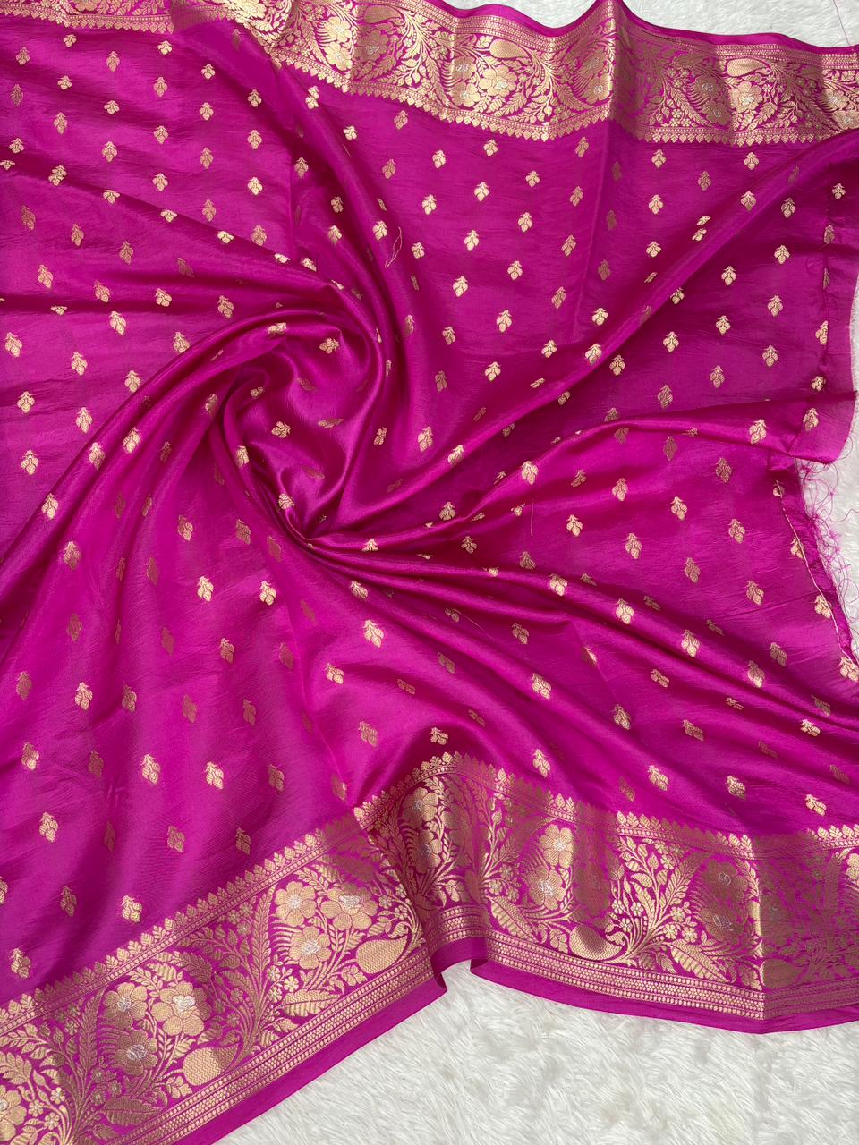 Handwoven Rani Pink Katan Silk Saree with Meenakari Cutwork & Paisleys