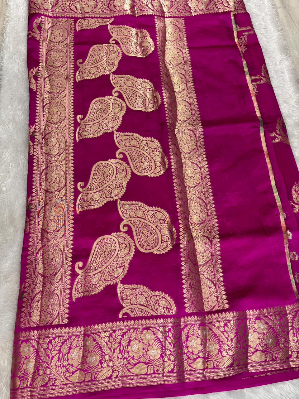 Handwoven Rani Pink Katan Silk Saree with Meenakari Cutwork & Paisleys