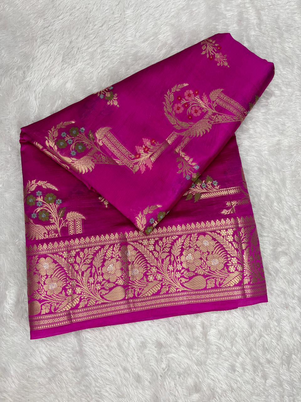 Handwoven Rani Pink Katan Silk Saree with Meenakari Cutwork & Paisleys