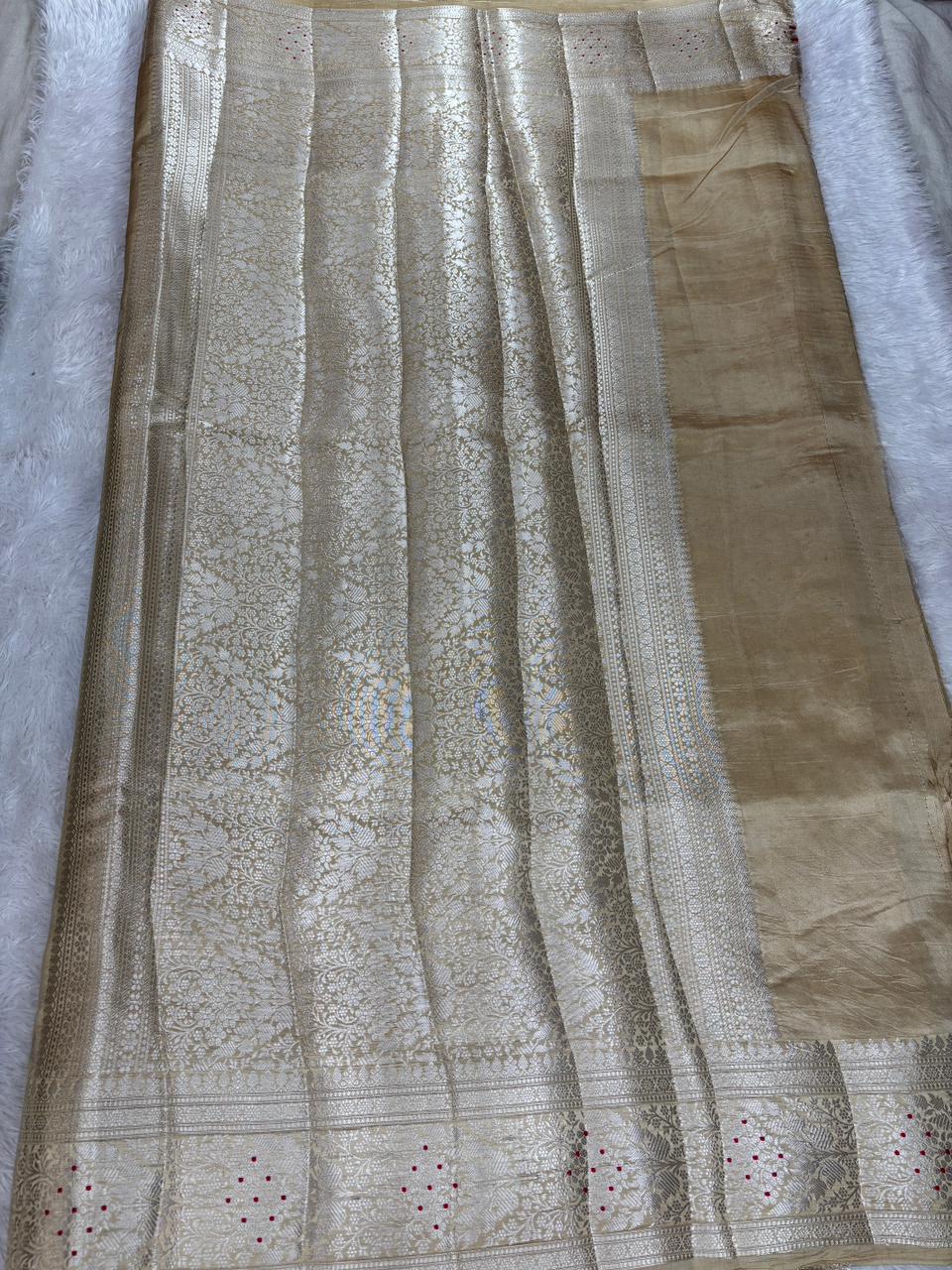 Handwoven Champagne Gold Katan Silk Saree with Meenakari Cutwork Jaal