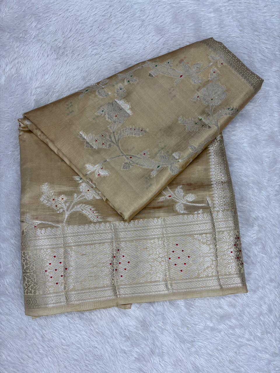 Handwoven Champagne Gold Katan Silk Saree with Meenakari Cutwork Jaal