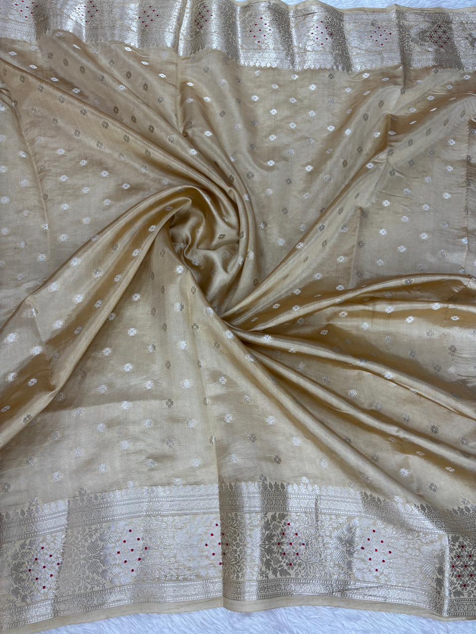Handwoven Champagne Gold Katan Silk Saree with Meenakari Cutwork Jaal