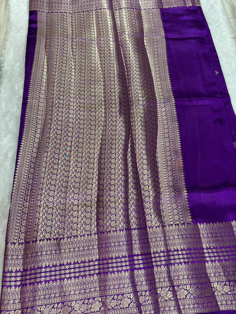 Handwoven Violet Katan Silk Saree with Meenakari Floral Butas & Gold Zari