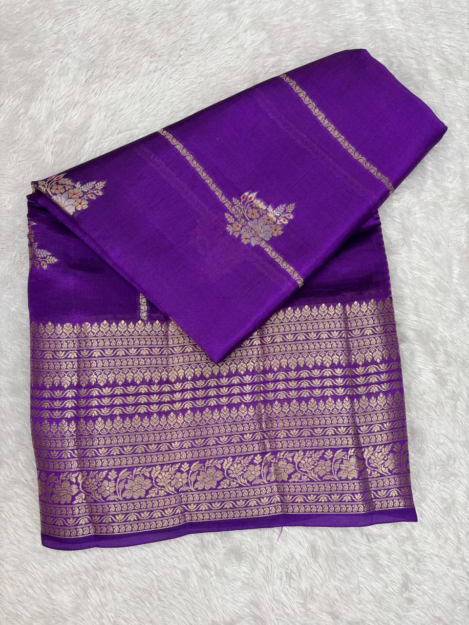 Handwoven Violet Katan Silk Saree with Meenakari Floral Butas & Gold Zari