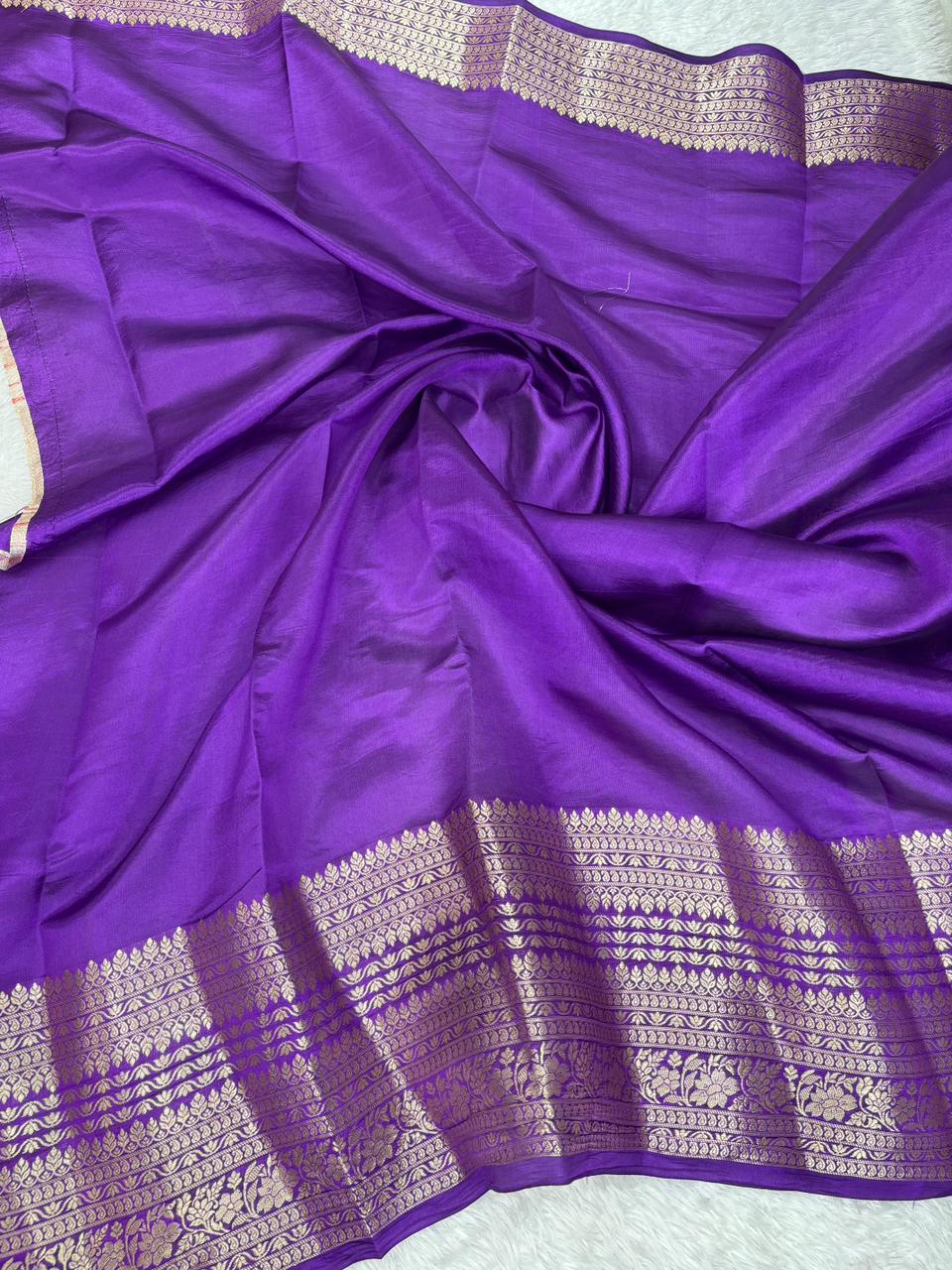 Handwoven Violet Katan Silk Saree with Meenakari Floral Butas & Gold Zari