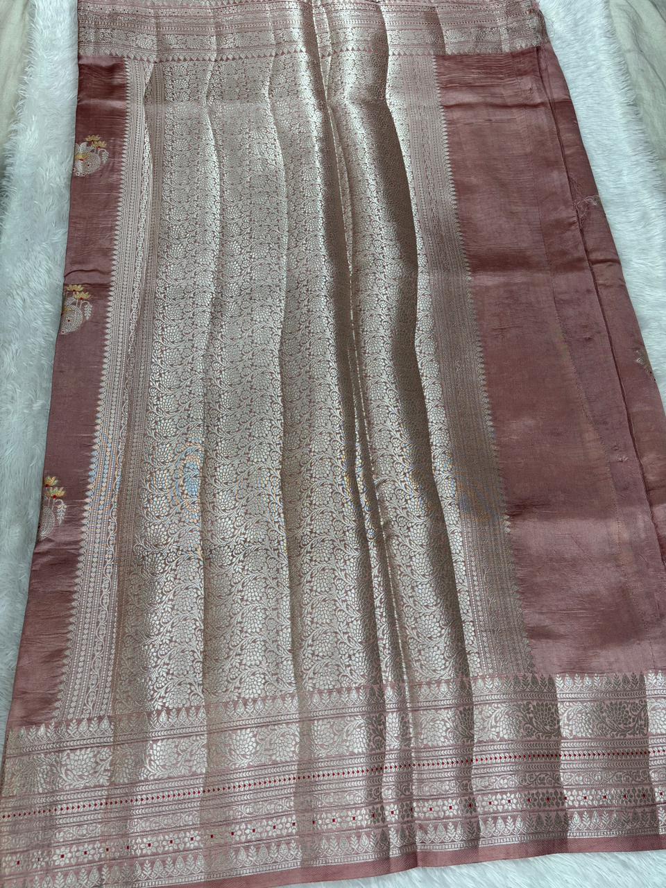 Handwoven Rose Ash Katan Silk Saree with Silver Zari Meenakari Jaal