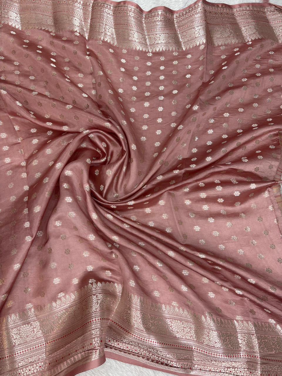 Handwoven Rose Ash Katan Silk Saree with Silver Zari Meenakari Jaal