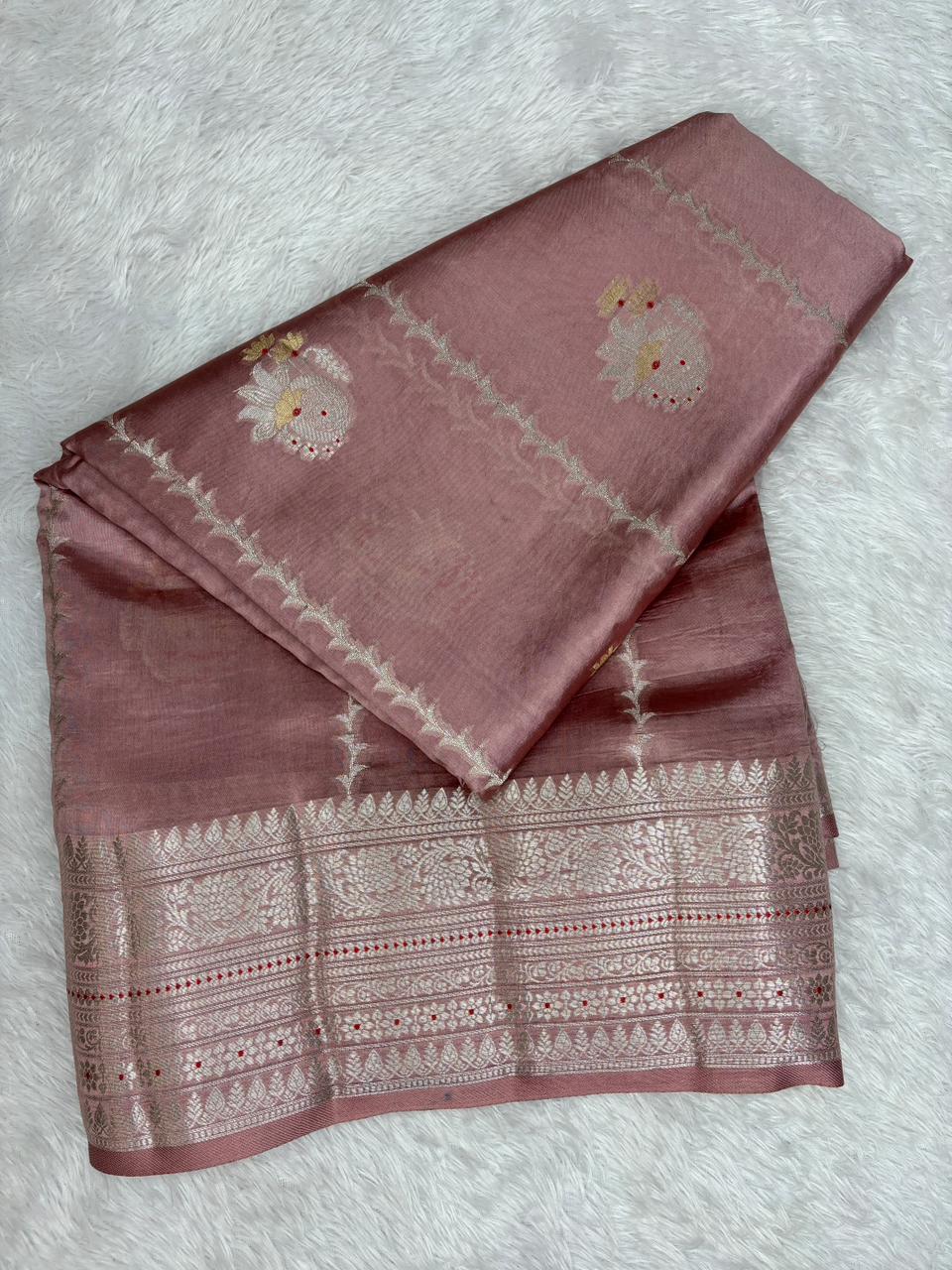 Handwoven Rose Ash Katan Silk Saree with Silver Zari Meenakari Jaal