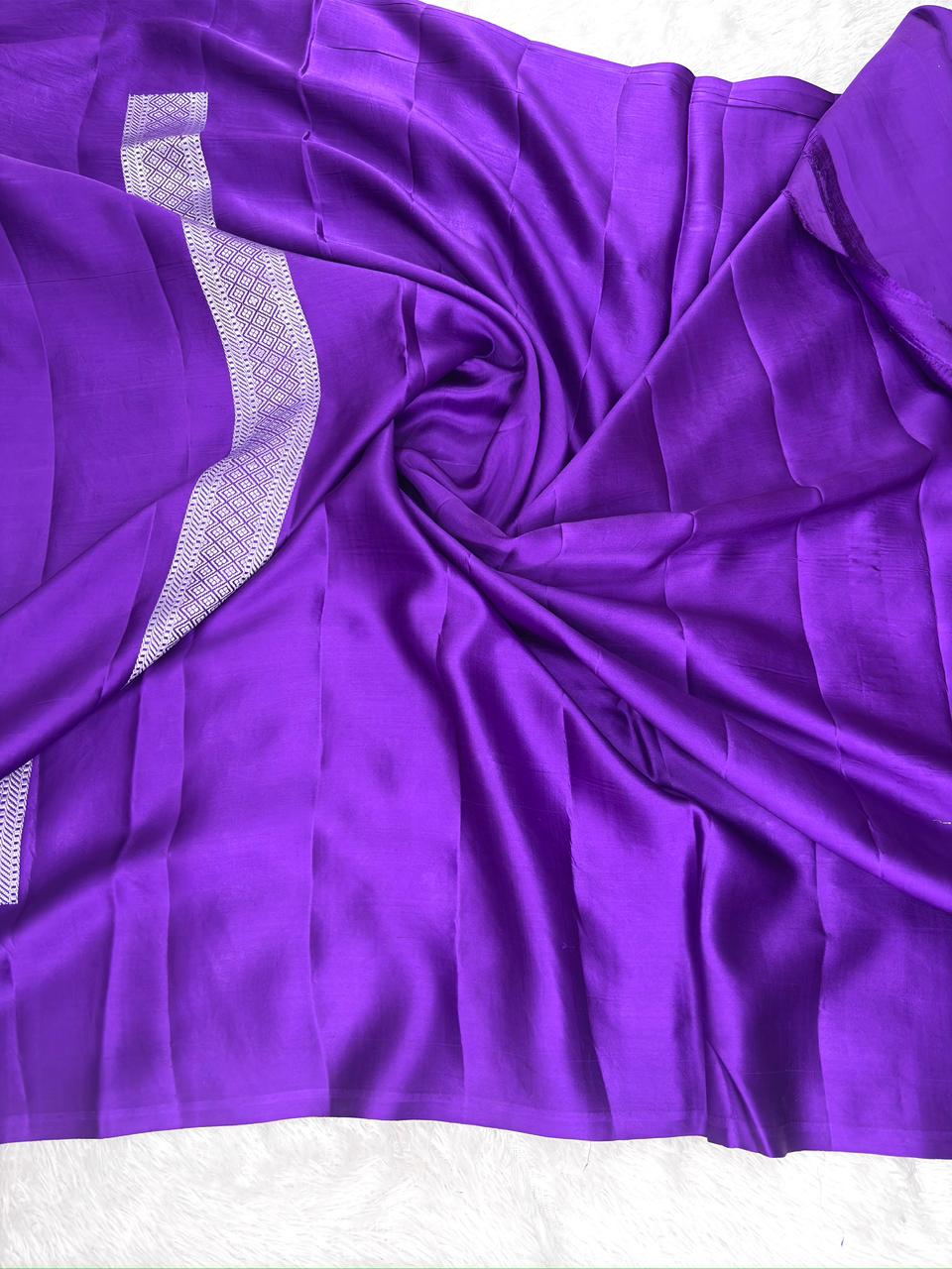 Deep Violet Pure Mashru Silk Saree with Silver Zari Floral Buttas
