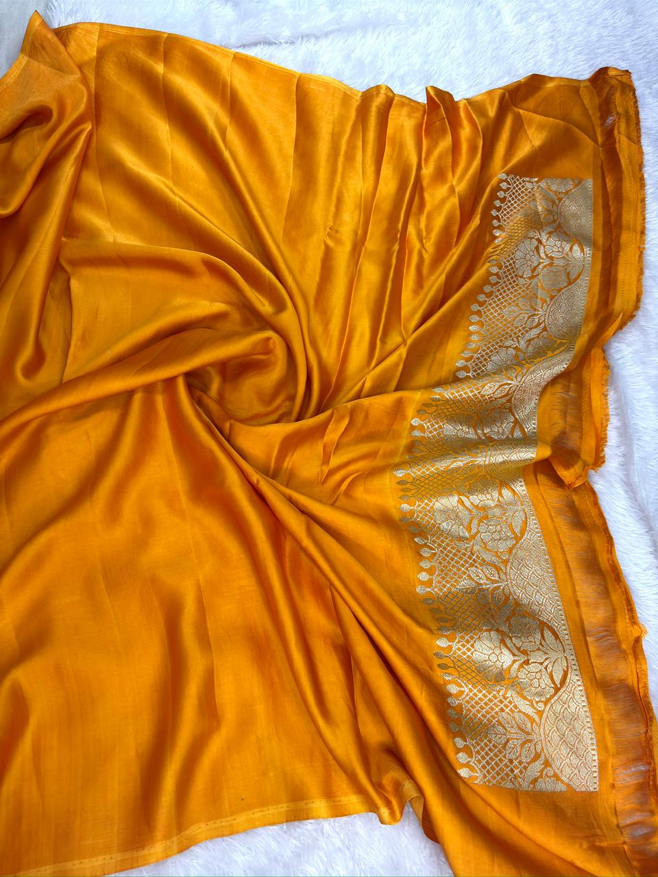Mustard Yellow Pure Mashru Silk Saree with Silver Zari Floral Weave