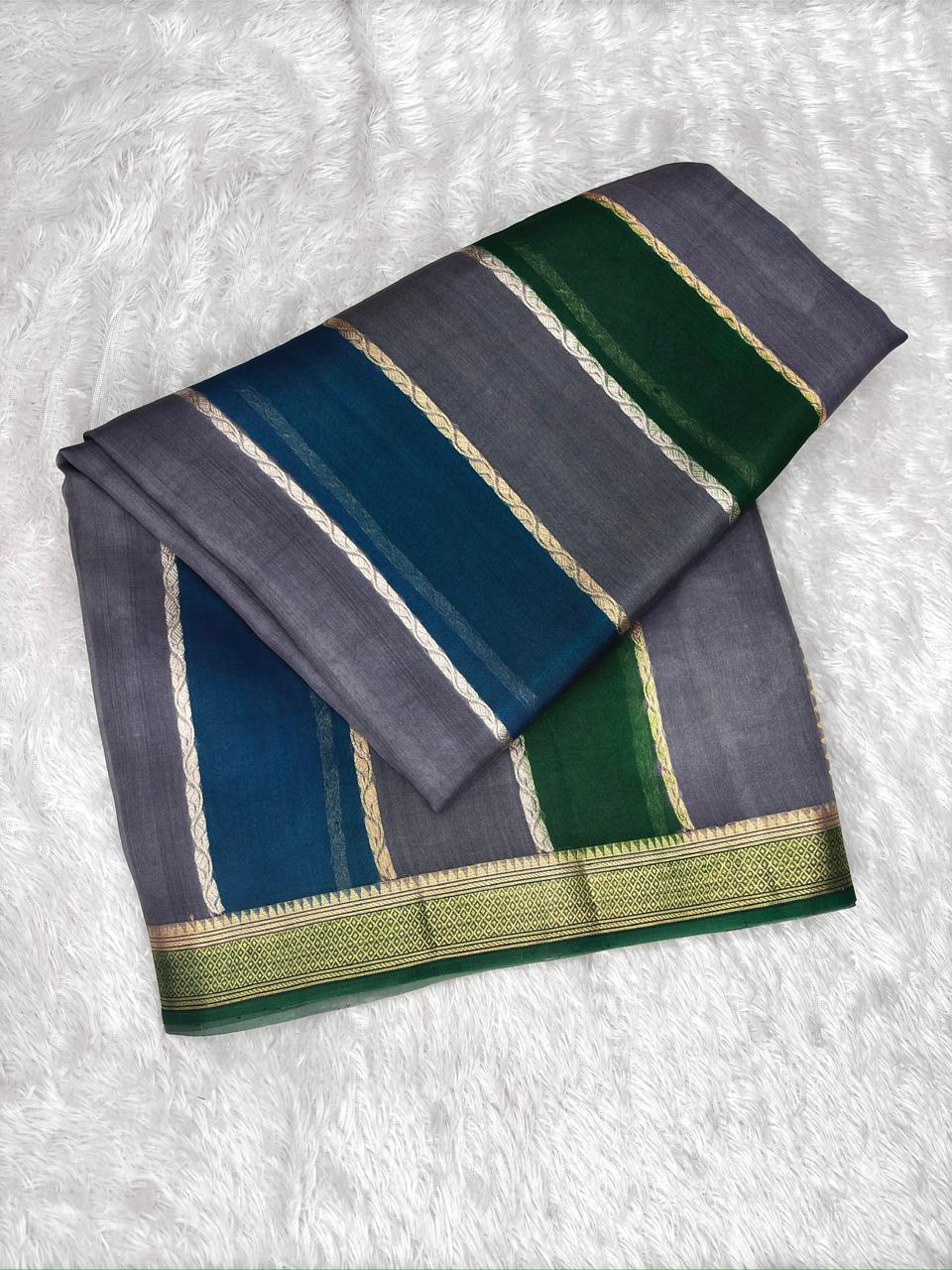 Forest Mirage: Handloom Banarasi Kora Silk Rungkaat Saree in Emerald and Teal