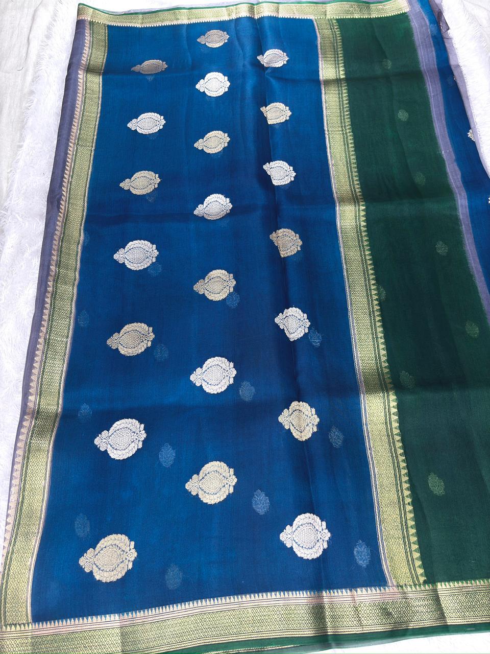 Forest Mirage: Handloom Banarasi Kora Silk Rungkaat Saree in Emerald and Teal