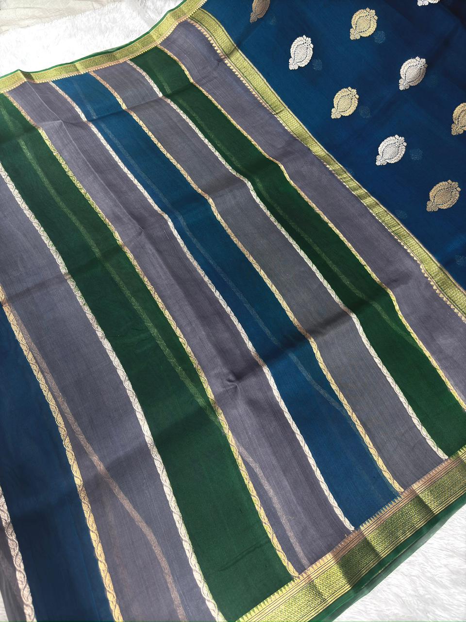 Forest Mirage: Handloom Banarasi Kora Silk Rungkaat Saree in Emerald and Teal