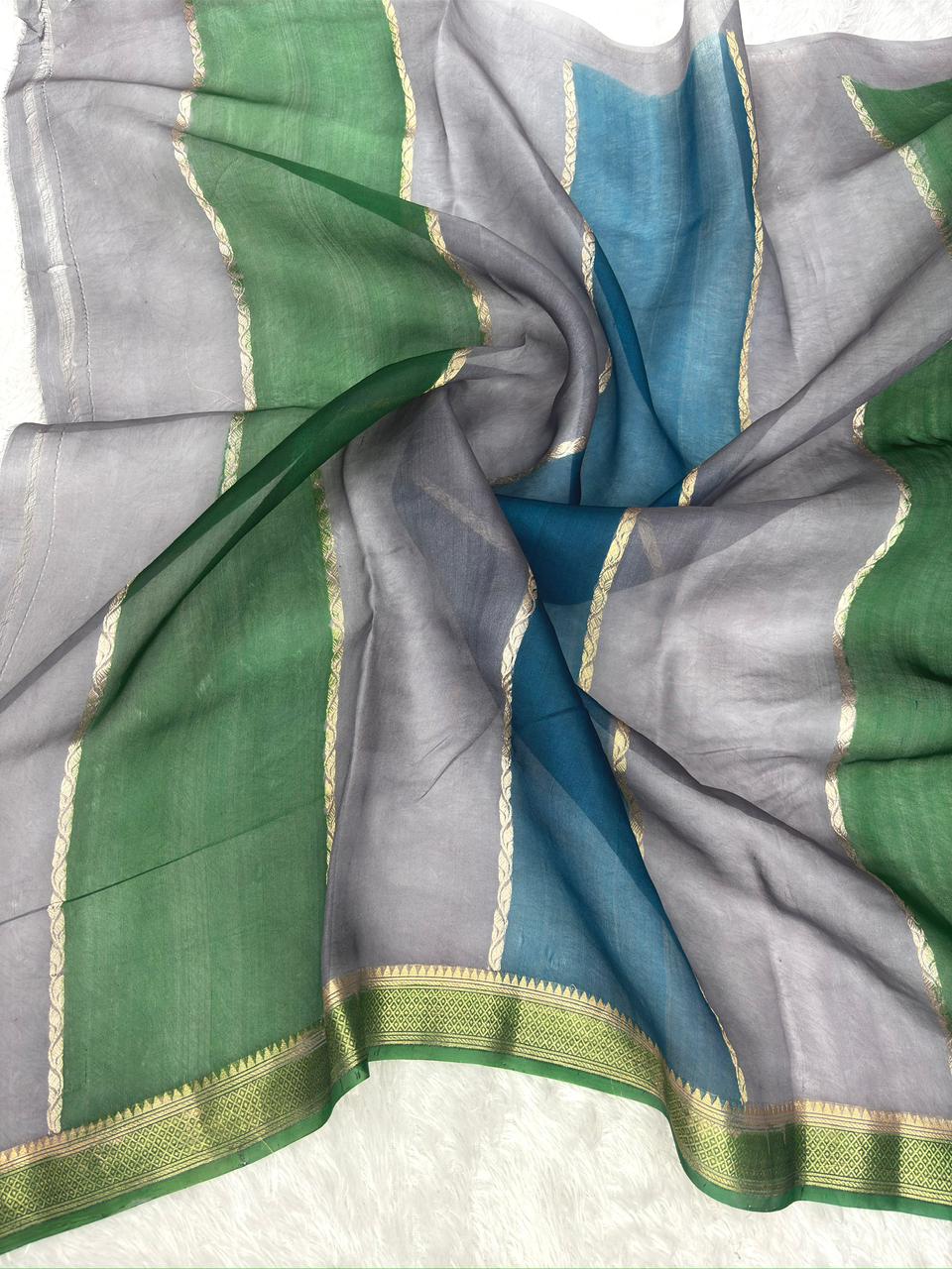 Forest Mirage: Handloom Banarasi Kora Silk Rungkaat Saree in Emerald and Teal