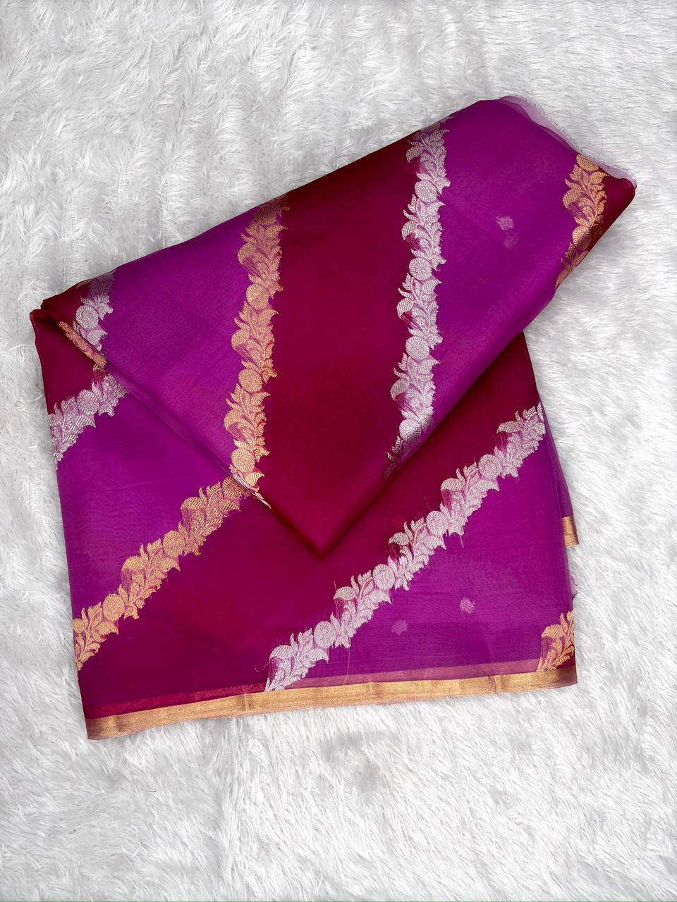 Handloom Banarasi Kora Rungkaat Saree (half n half) in Magenta & Orchid Pink with Kadhua Silver and Gold Zari