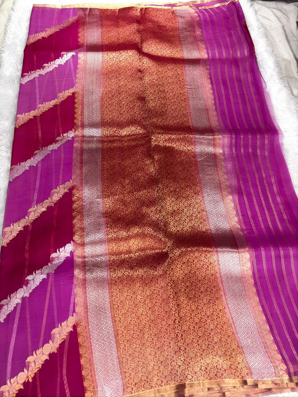 Handloom Banarasi Kora Rungkaat Saree (half n half) in Magenta & Orchid Pink with Kadhua Silver and Gold Zari