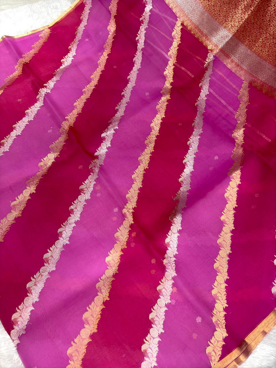 Handloom Banarasi Kora Rungkaat Saree (half n half) in Magenta & Orchid Pink with Kadhua Silver and Gold Zari