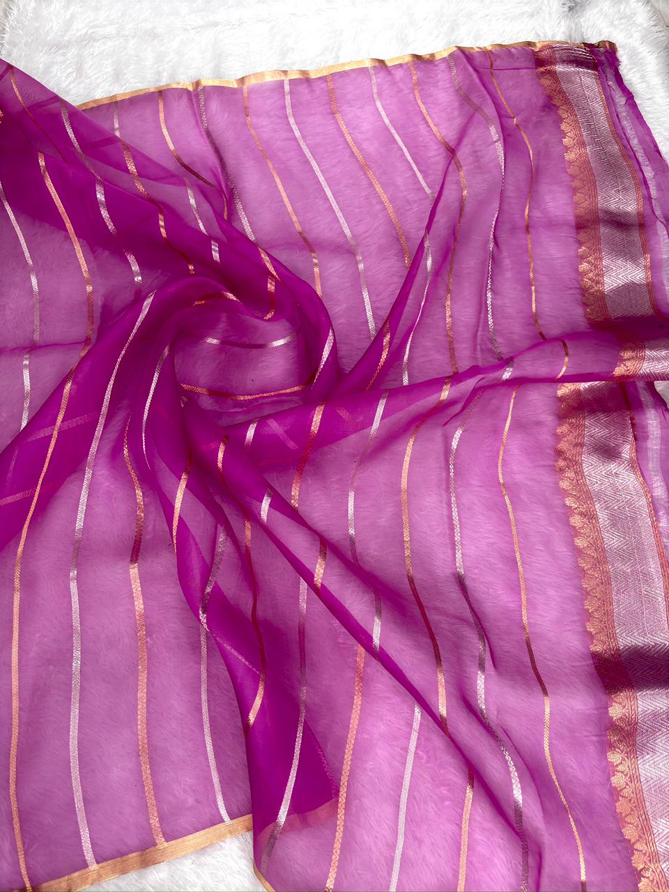 Handloom Banarasi Kora Rungkaat Saree (half n half) in Magenta & Orchid Pink with Kadhua Silver and Gold Zari