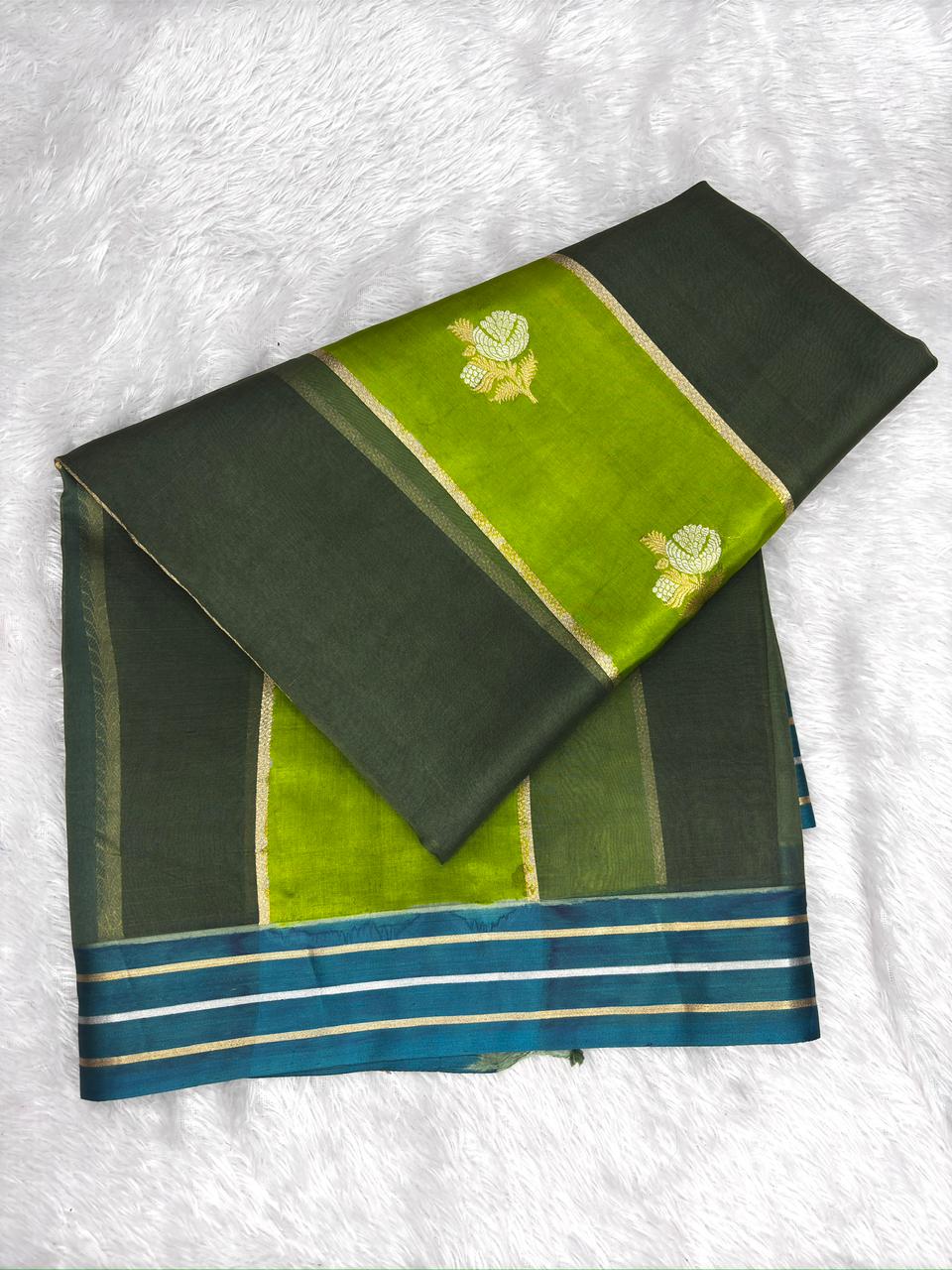 Kora Silk Rungkaat Saree in Sage, Forest Green & Teal with Silver Kadhua Butis
