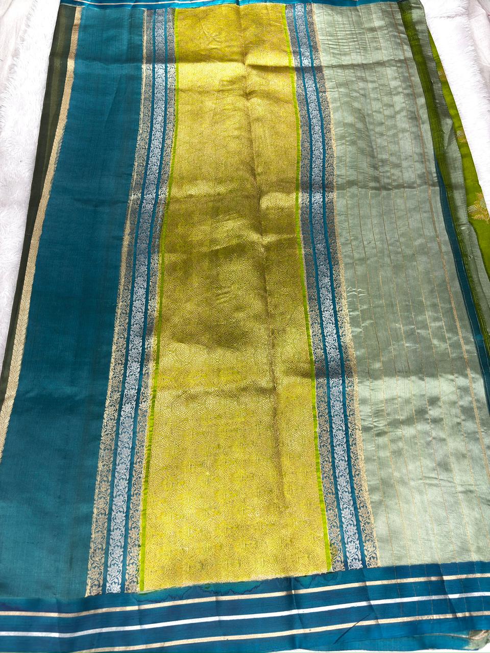 Kora Silk Rungkaat Saree in Sage, Forest Green & Teal with Silver Kadhua Butis