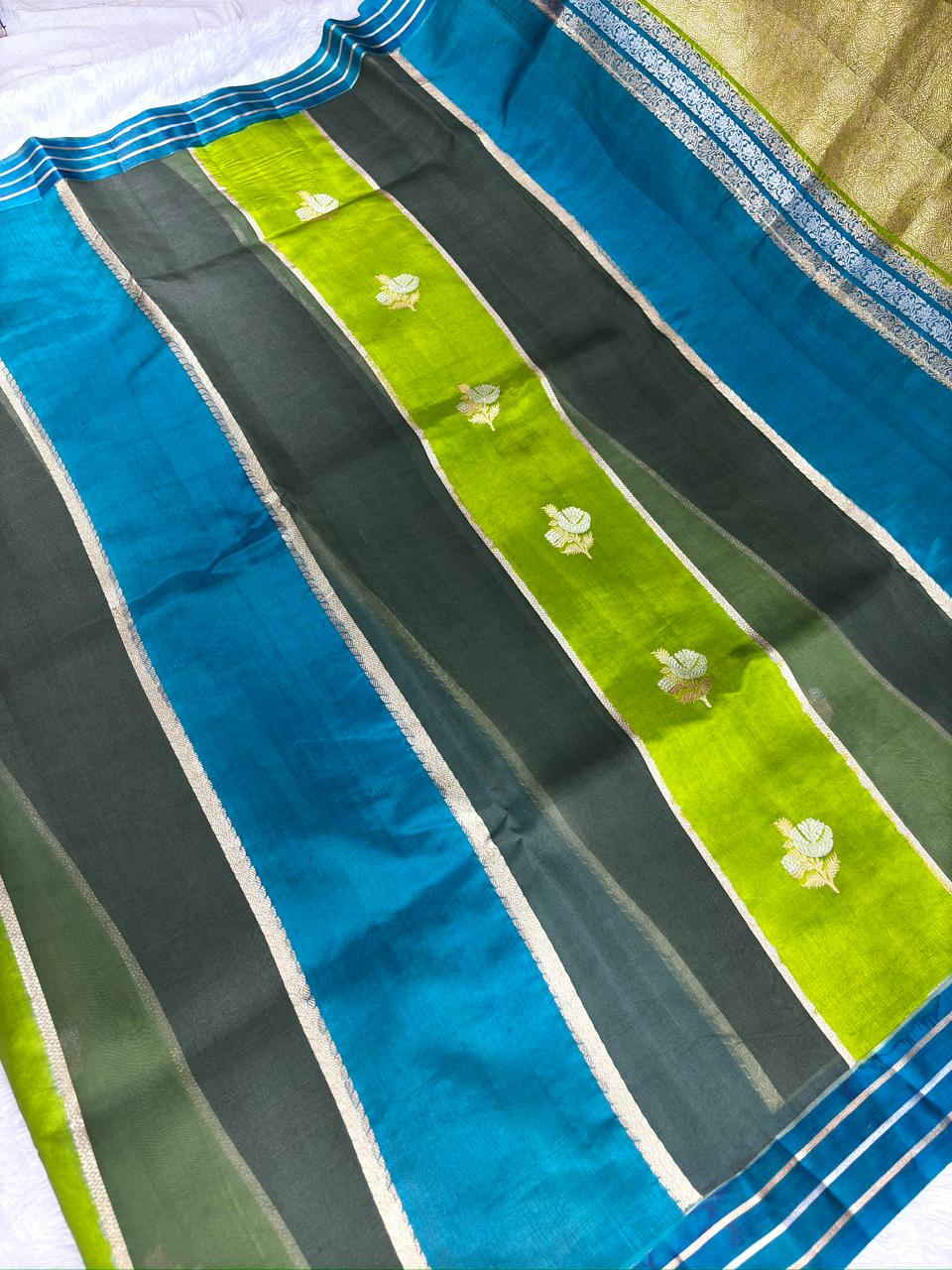 Kora Silk Rungkaat Saree in Sage, Forest Green & Teal with Silver Kadhua Butis