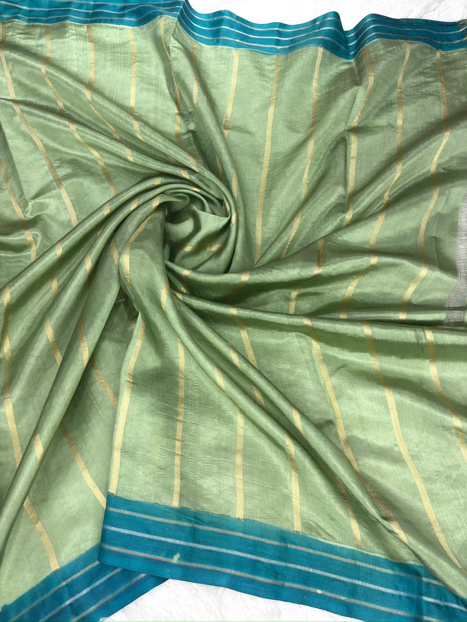 Kora Silk Rungkaat Saree in Sage, Forest Green & Teal with Silver Kadhua Butis