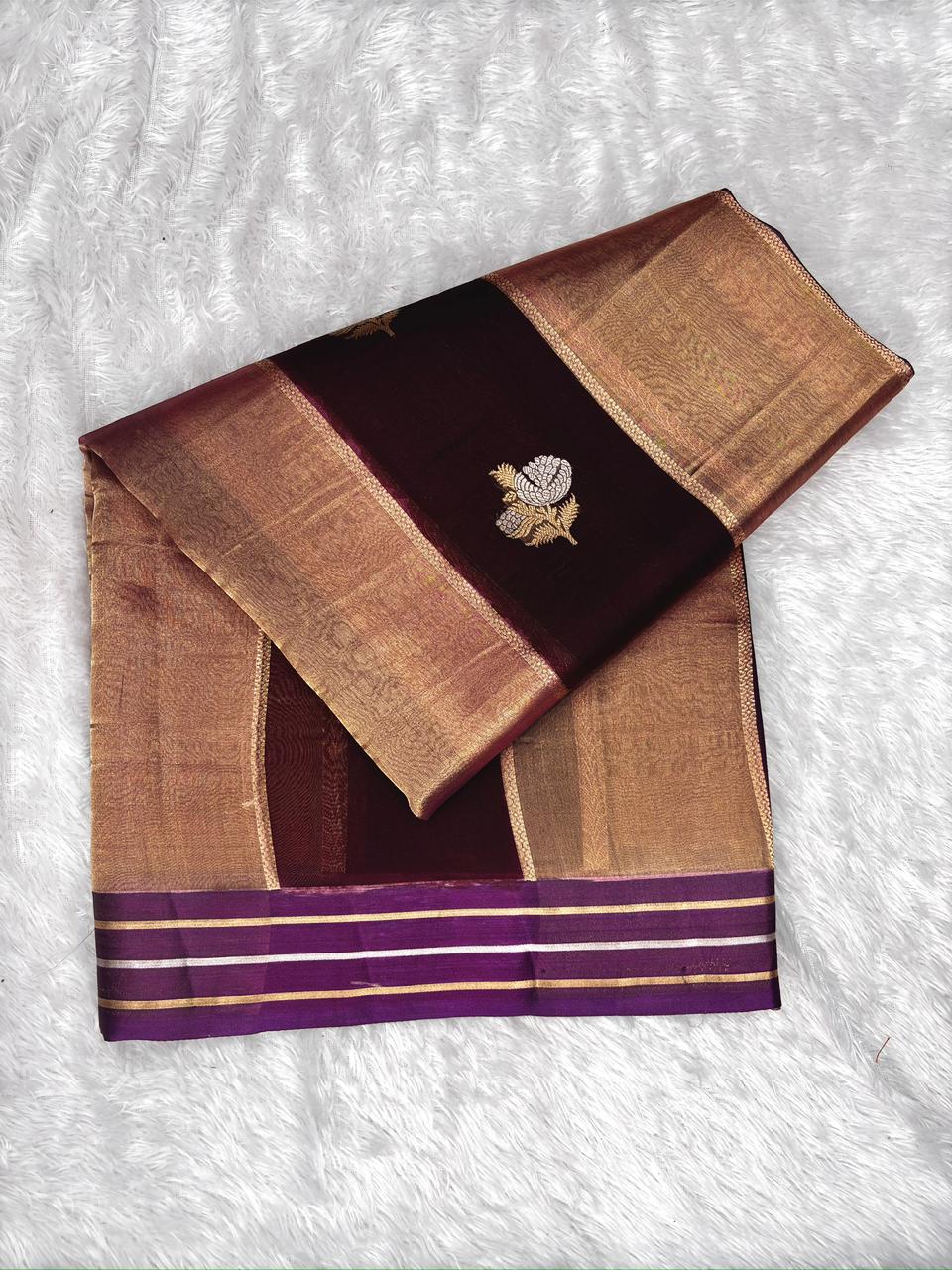 Kora Silk Rungkaat Saree in Deep Wine, Plum & Copper Gold with Silver Kadhua