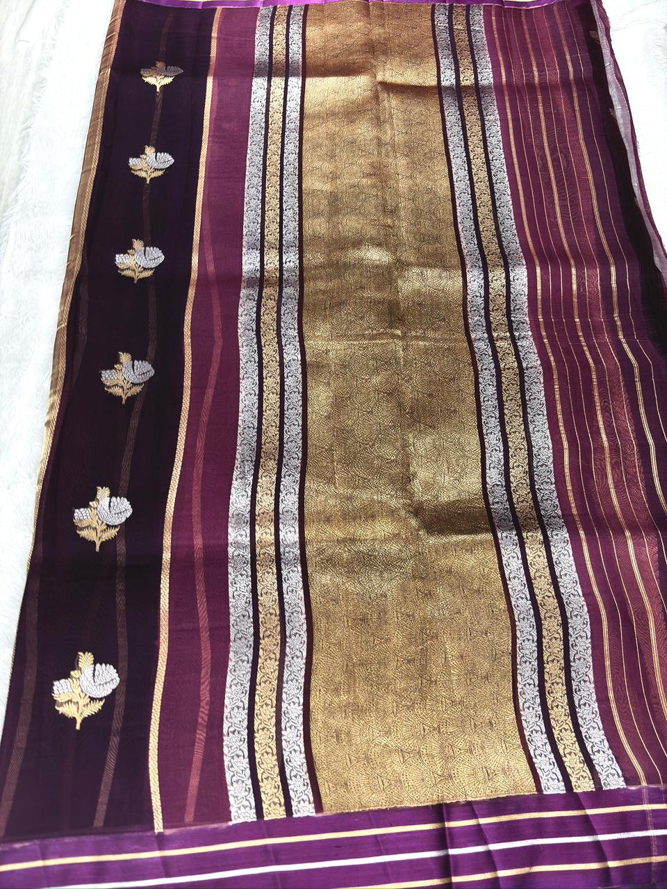 Kora Silk Rungkaat Saree in Deep Wine, Plum & Copper Gold with Silver Kadhua